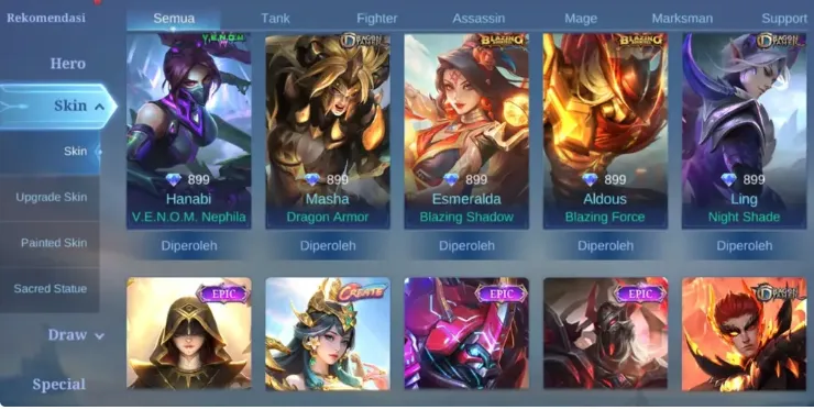 ML603 Prime Yu Zhong, Luckybox Roger, Star Kagura, Atomic Miya, Lunar Sun, Seiya, Badang, M4 Beatrix, KOF Karina, Valentine Fanny and Many More Skins (G)
